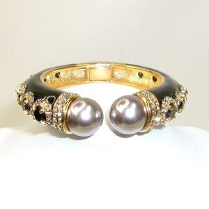 Joan Rivers Black Enamel Crystal Faux Tahitian Pearl Hinged Bracelet